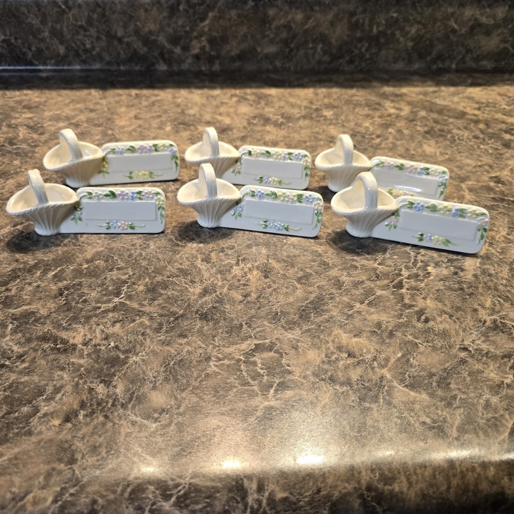 Set of Six (6) Vintage Porcelain Place‎ Cards/Name Cards Baskets and Floral 1980